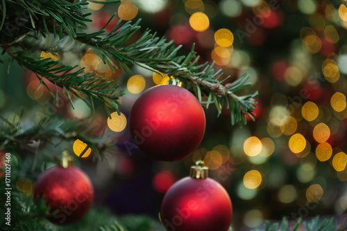 Christmas tree with red ball and lights garland. Xmas card. Close up. Winter holiday spirit. Outdoors.