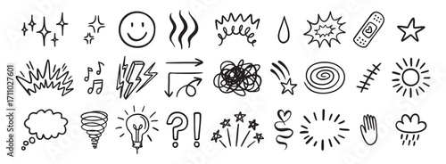 Comic funny effect icon set, anime doodle elements collection. Retro anime movement, exclamation and emphasis expressions. Doodle emotion of character in comic style