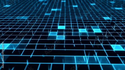 Abstract graphic design featuring a grid pattern with glowing, bright blue lines and squares.