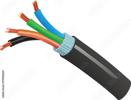 Multicolored electrical wires with pliers and other tools on a white background