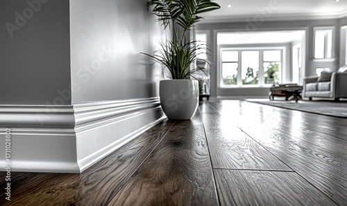 Interior shot of a modern home, featuring trim, a plant, and hardwood floors
