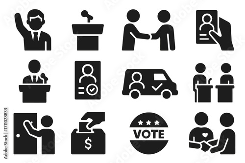 Election Campaign Icons. Solid style icons of election candidates and campaigns: candidate waving, podium with microphone,