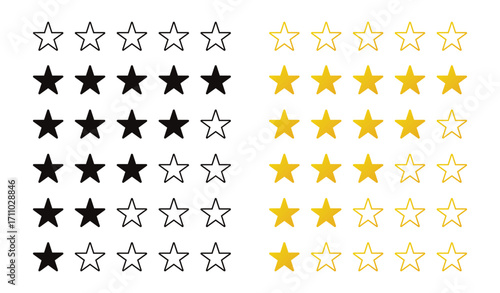 Star rate icons vector set. Star rate flat yellow and black style.