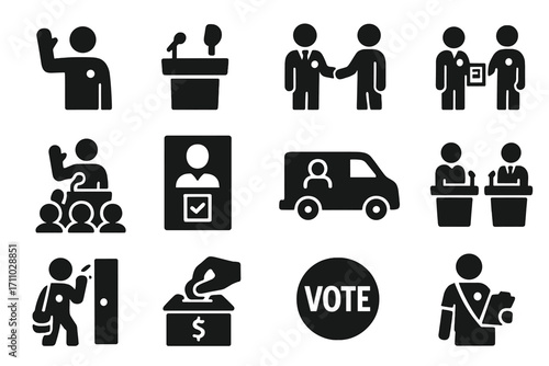 Election Campaign Icons. Solid style icons of election candidates and campaigns: candidate waving, podium with microphone,