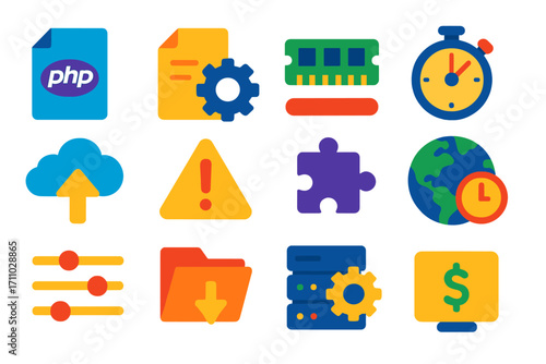 PHP Setup Icons. Flat vector icons of PHP Configuration and Setup: php.ini icon, configuration file, memory limit, execution time,