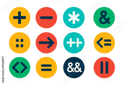 C++ Symbol Icons. Flat vector icons of C++ symbols and operators: plus symbol, minus symbol, asterisk for pointer, ampersand