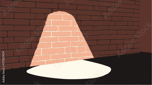 Spotlight On Brick Wall. Brick wall with spotlight background. Brick wall with warm light beam. Vector illustration.