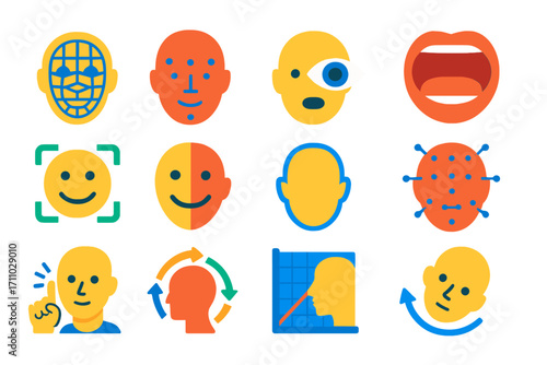 AR Facial Tracking Icons. Flat vector icons of AR facial tracking: face mesh, landmark points, eye tracking icon, mouth movement,