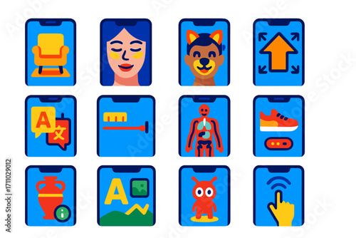 Flat AR Icons. Flat vector icons of AR mobile applications: virtual furniture placement, makeup try-on, face filter, navigation