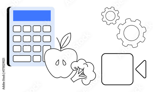Calculator, apple, broccoli, video play button, and gears representing nutrition, budgeting, technology, and planning. Ideal for health education finance development fitness wellness simple
