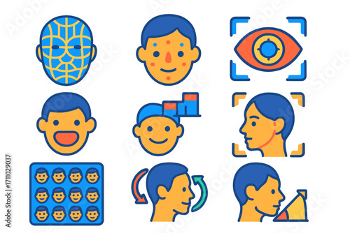 AR Facial Tracking Icons. Flat vector icons of AR facial tracking: face mesh, landmark points, eye tracking icon, mouth movement,