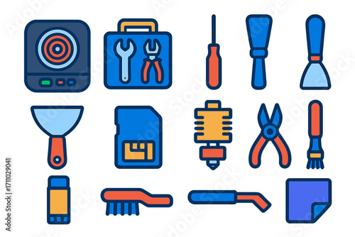 3D Printing Icons. Flat vector icons of 3D printing accessories: filament dryer, tool kit, nozzle cleaner, print removal spatula,