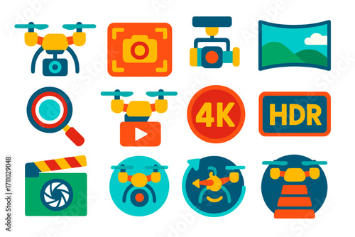 Drone Photography Icons. Flat vector icons of drone aerial photography: drone with camera, photo capture icon, gimbal camera,