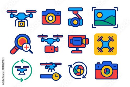 Drone Photography Icons. Flat vector icons of drone aerial photography: drone with camera, photo capture icon, gimbal camera,