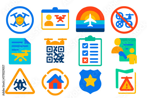 Drone Law Icons. Flat vector icons of drone laws and compliance: FAA regulation icon, pilot certification, airspace class chart,