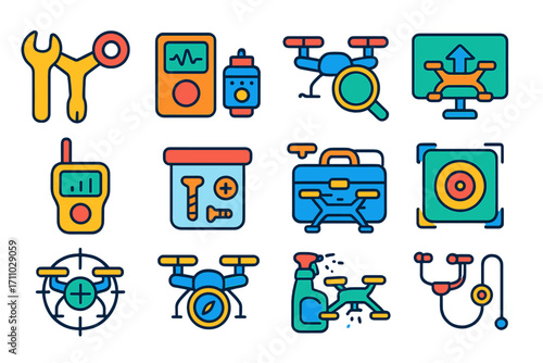 Drone Maintenance Icons. Flat vector icons of drone maintenance tools: propeller wrench, motor checker, frame inspection icon,
