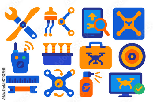 Drone Maintenance Icons. Flat vector icons of drone maintenance tools: propeller wrench, motor checker, frame inspection icon,