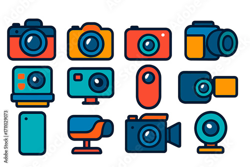 Colorful Camera Icons. Flat vector icons of digital cameras: DSLR camera, mirrorless camera, compact camera, bridge camera,