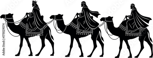 Three Wise Men Riding Camels Silhouette Vector, Biblical Magi Journey, Christmas Nativity Scene, Religious Holiday Art, Black and White