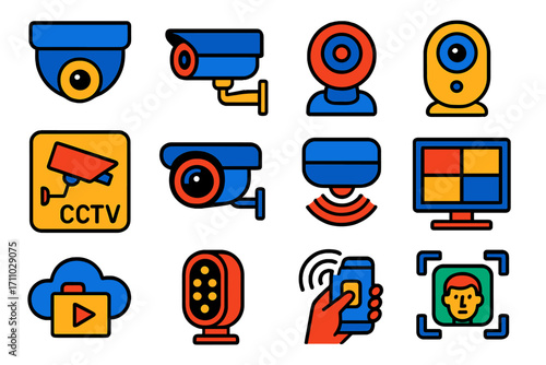 Security Camera Icons. Flat vector icons of security and surveillance cameras: dome camera, bullet camera, PTZ cam, nanny cam,