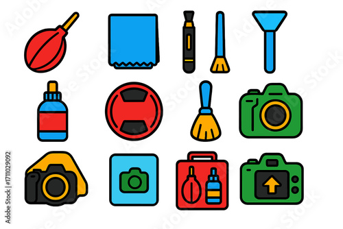 Camera Care Icons. Flat vector icons of camera maintenance tools: lens blower, microfiber cloth, lens pen, sensor swab, cleaning