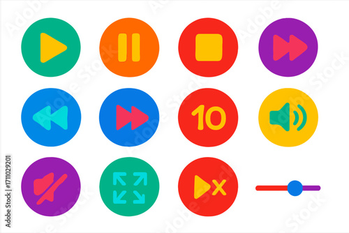 Vibrant Video Icons. Flat vector icons of video playback controls: play button, pause icon, stop button, fast forward, rewind,