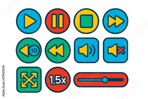 Vibrant Video Icons. Flat vector icons of video playback controls: play button, pause icon, stop button, fast forward, rewind,