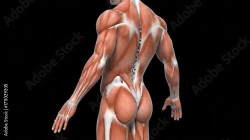 Detailed 3d illustration of the human male posterior muscular system showing the anatomy of the back shoulders arms and gluteal muscles for medical and scientific education