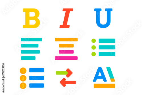 Modern Text Editor Icons. Flat vector icons of text editing symbols: bold text icon, italic icon, underline symbol, strikethrough,