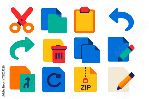 Bold File Editing Icons. Flat vector icons of file editing tools: cut icon, copy icon, paste icon, undo action, redo icon, delete