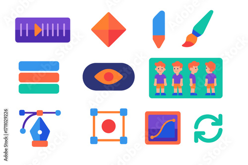 2D Animation Tool Icons. Flat vector icons of 2D animation tools: timeline panel, keyframe diamond, playhead marker, drawing brush