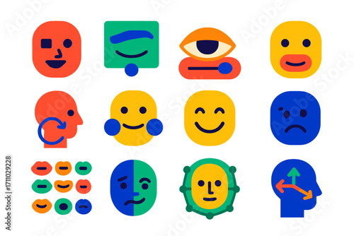 Flat Facial Animation Icons. Flat vector icons of facial animation controls: blend shape icon, eyebrow controller, eye blink
