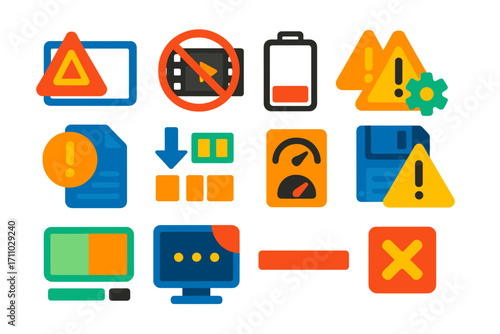 Vibrant Editing Icons. Flat vector icons of editing indicators and warnings: missing media alert, clip offline icon, low battery