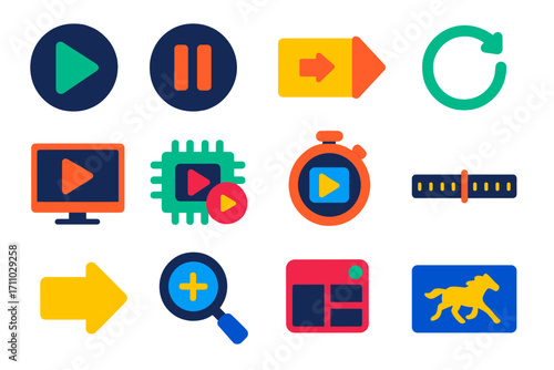 Colorful Animation Icons. Flat vector icons of animation preview and playback: play button, pause button, frame-by-frame step,