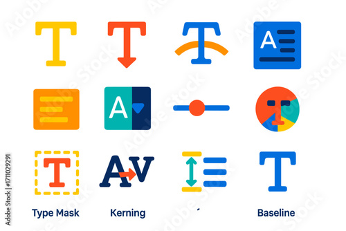Photoshop Text Tool Icons. Flat vector icons of Photoshop text tools: horizontal type, vertical type, text warp, character