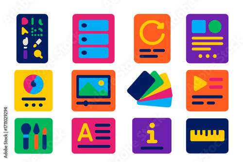 Colorful Photoshop UI Icons. Flat vector icons of Photoshop UI elements: toolbar panel, layers panel, history tab, properties