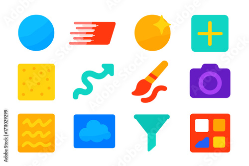Photoshop Filter Icons. Flat vector icons of Photoshop filters and effects: gaussian blur, motion blur, lens flare, sharpen icon,