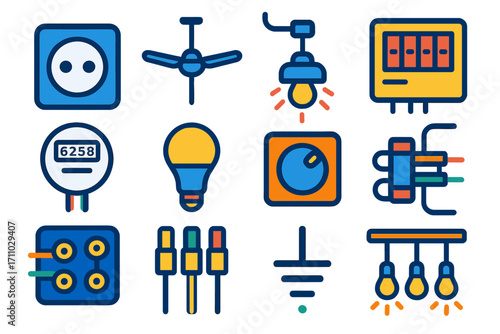 Electrical Icons Set. Flat vector icons of electrical installations: wall socket, light switch, ceiling fan wiring, breaker panel,
