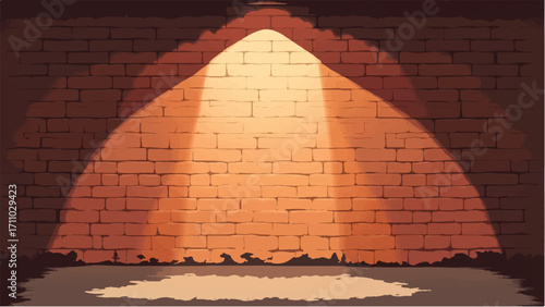 Spotlight On Brick Wall. Brick wall with spotlight background. Brick wall with warm light beam. Vector illustration.
