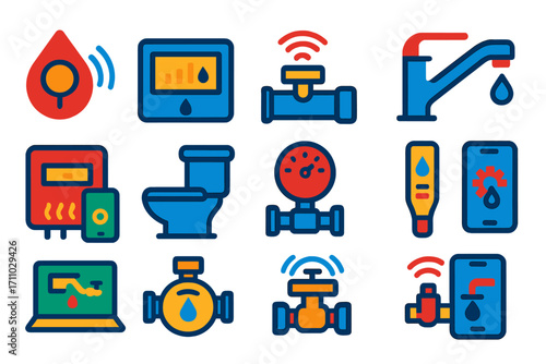 Smart Plumbing Icons. Flat vector icons of smart plumbing technology: smart leak sensor, water usage monitor, WiFi shutoff valve,