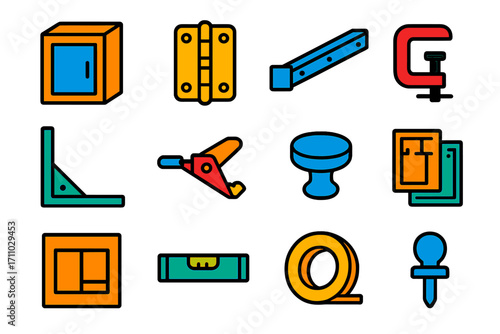 Modern Carpentry Icons. Flat vector icons of cabinetry carpentry: cabinet box, door hinge, drawer slide, cabinet pull, shelf
