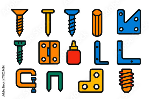 Carpentry Fasteners Icons. Flat vector icons of carpentry fasteners: wood screw, finishing nail, lag bolt, dowel rod, pocket screw