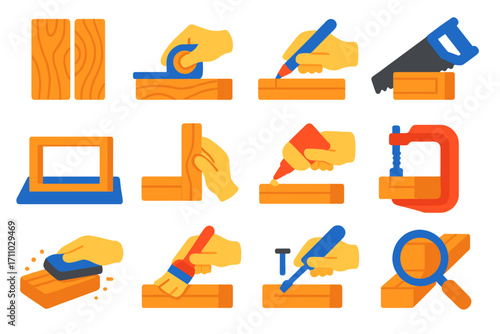 Carpentry Project Icons. Flat vector icons of carpentry project steps: material selection, measurement, marking lines, cutting