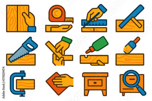 Carpentry Project Icons. Flat vector icons of carpentry project steps: material selection, measurement, marking lines, cutting