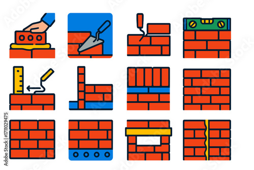 Bricklaying Icon Set. Flat vector icons of bricklaying techniques: laying bricks, buttering mortar, striking joints, leveling row,