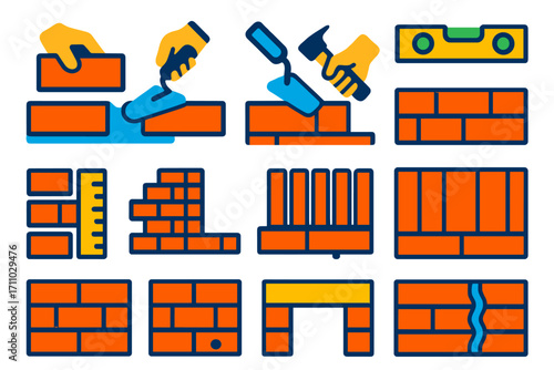 Bricklaying Icon Set. Flat vector icons of bricklaying techniques: laying bricks, buttering mortar, striking joints, leveling row,