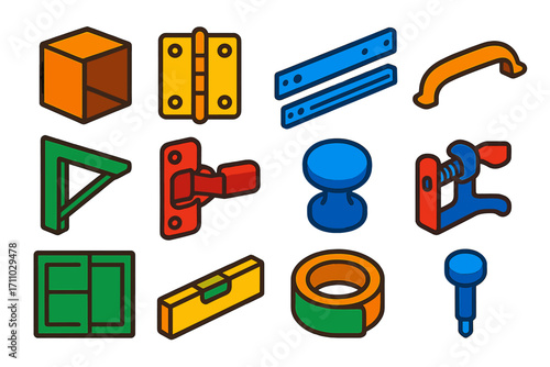 Modern Carpentry Icons. Flat vector icons of cabinetry carpentry: cabinet box, door hinge, drawer slide, cabinet pull, shelf