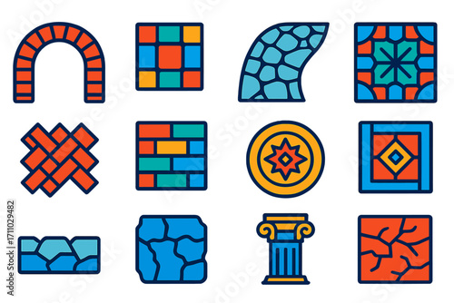 Decorative Masonry Icons. Flat vector icons of decorative masonry: brick archway, mosaic tile, cobblestone path, patterned wall,