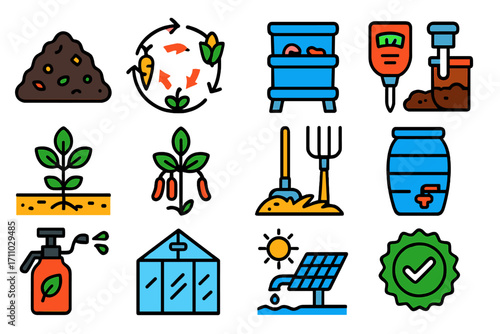 Organic Farming Icons. Flat vector icons of organic farming: compost pile, crop rotation diagram, worm composting bin, soil