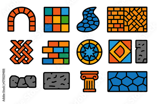 Decorative Masonry Icons. Flat vector icons of decorative masonry: brick archway, mosaic tile, cobblestone path, patterned wall,